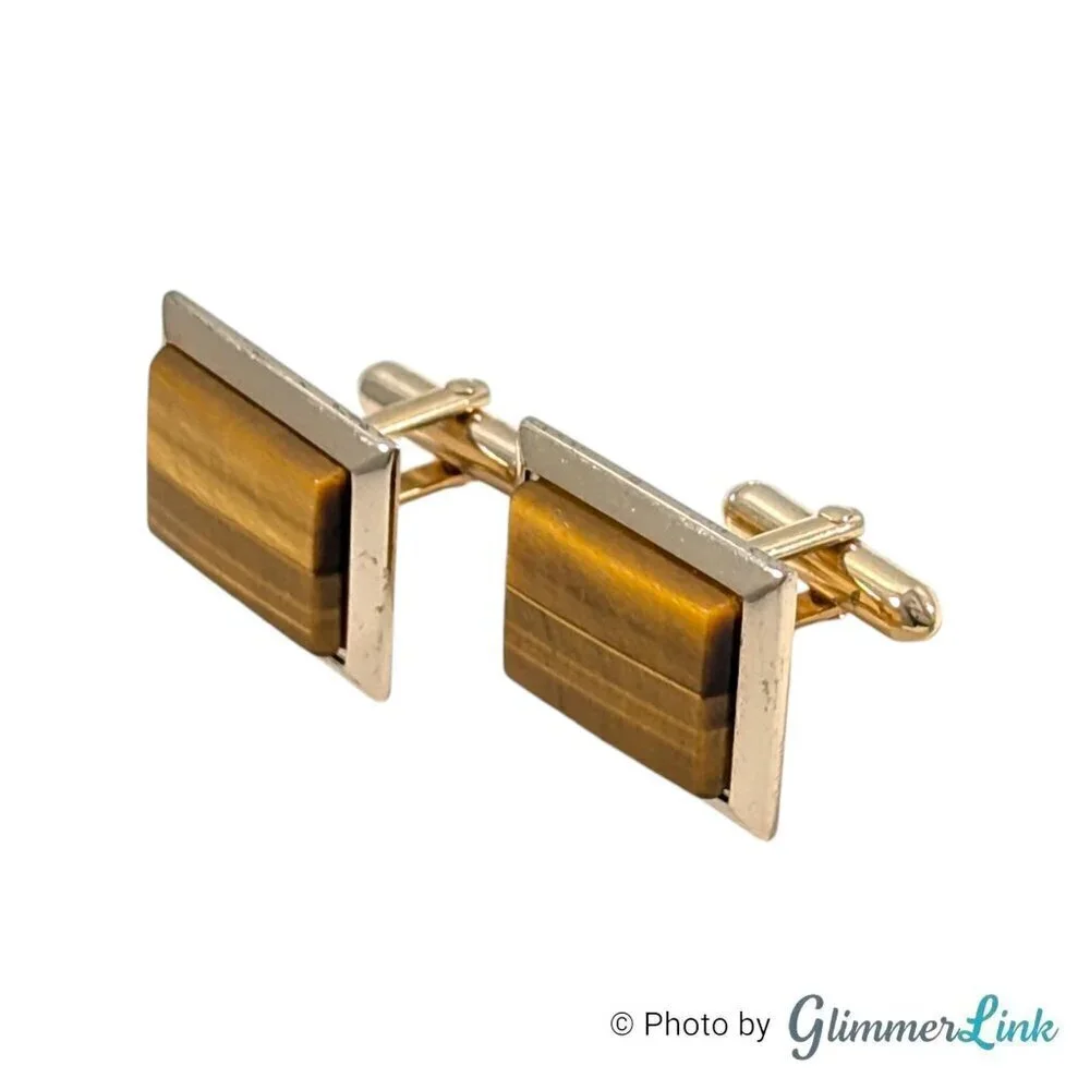 Vintage Swank Brown Tiger's Eye Rectangular Gold Tone Cufflinks & Tie Bar Set